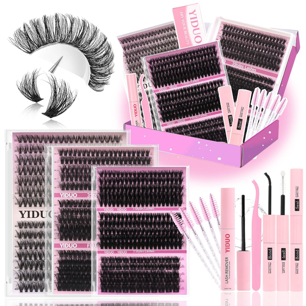 The YIDUO lashes clusters kit shows 7 styles for versatile day-to-night looks.