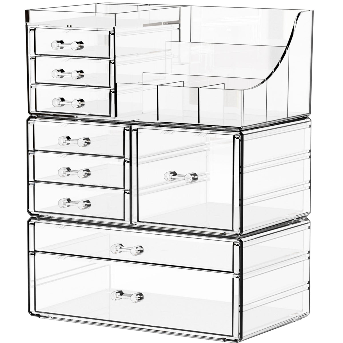 Yieach clear makeup organizer top view showing brushes and skincare items
