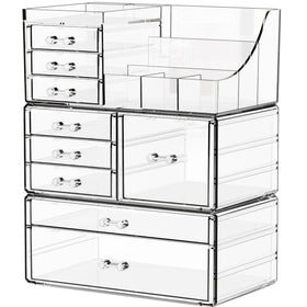 Yieach clear makeup organizer top view showing brushes and skincare items
