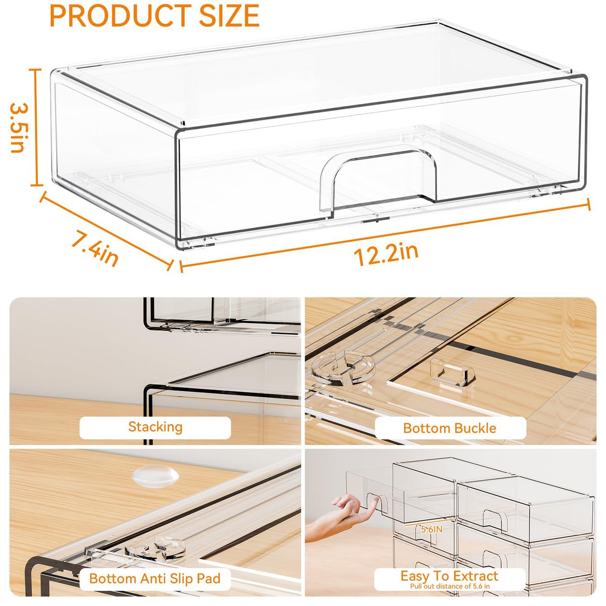 Yieach clear acrylic drawer with anti slip feet keeps items stable