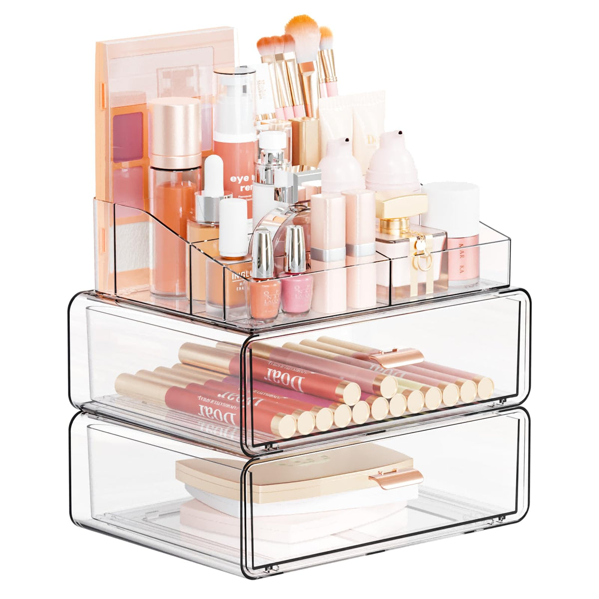 Yieach clear acrylic makeup organizer with 3-tier drawer for easy access to cosmetics.