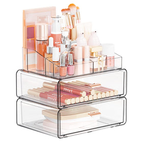 Yieach clear acrylic makeup organizer with 3-tier drawer for easy access to cosmetics.