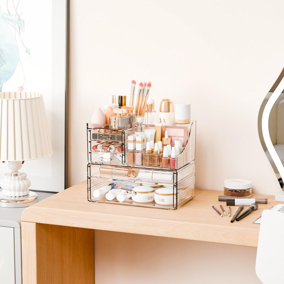 Yieach clear makeup organizer with five drawers stores palettes neatly