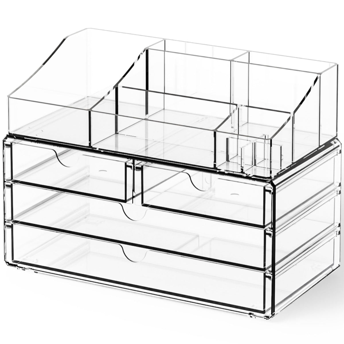 Yieach clear makeup organizer top drawer provides quick access to essentials.