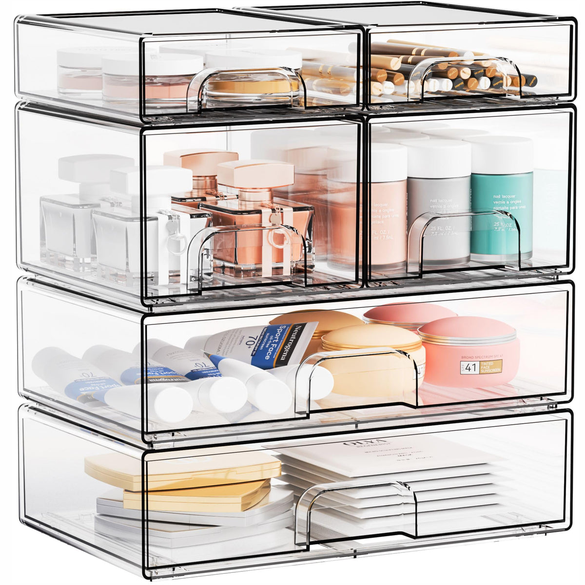 Yieach Clear Stackable Drawers front view for easy access and visibility.
