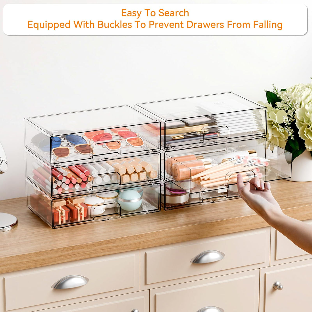 Yieach clear stackable drawers viewed from the front for quick content ID.