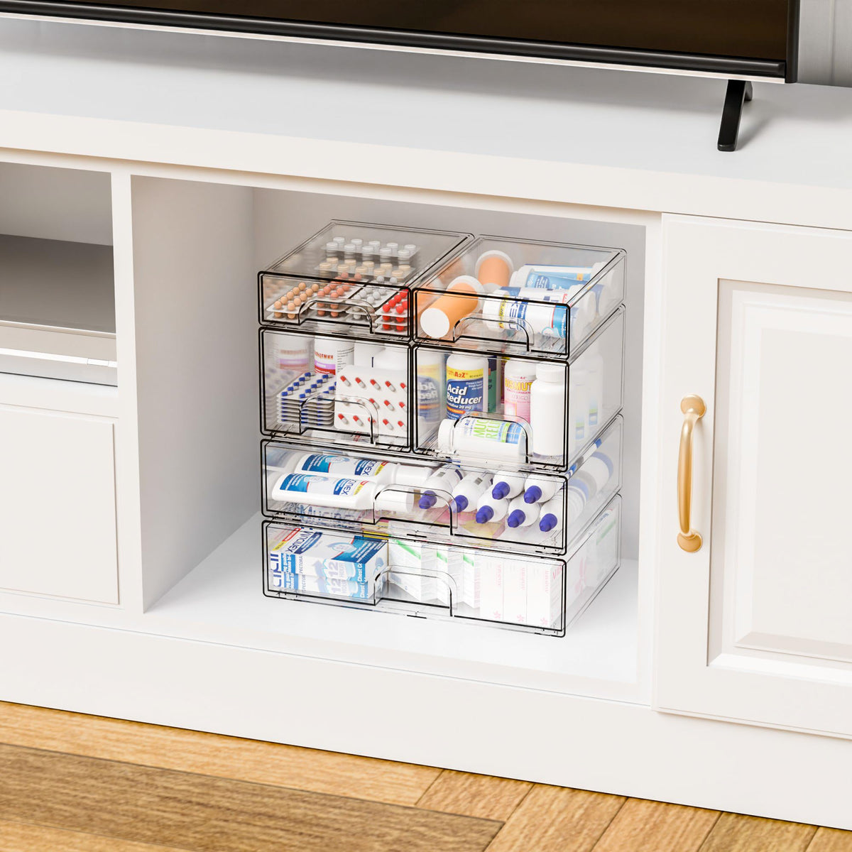 Yieach compact storage boxes ideal for cabinets and shelves.