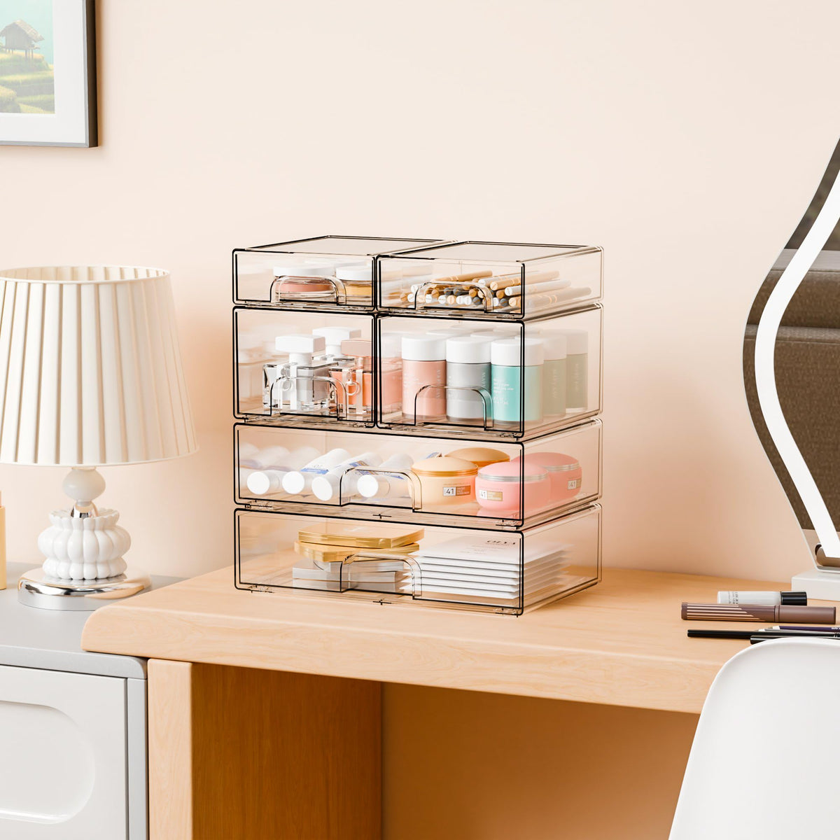 Yieach makeup organizer with lipsticks and mascara neatly arranged.