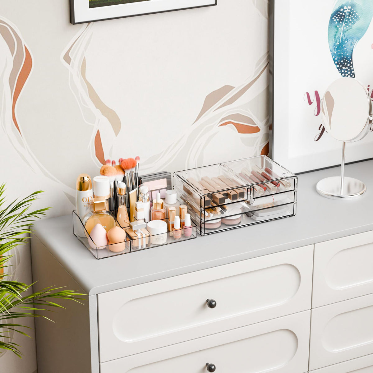 Yieach stackable makeup drawer set saves counter space and increases storage options.