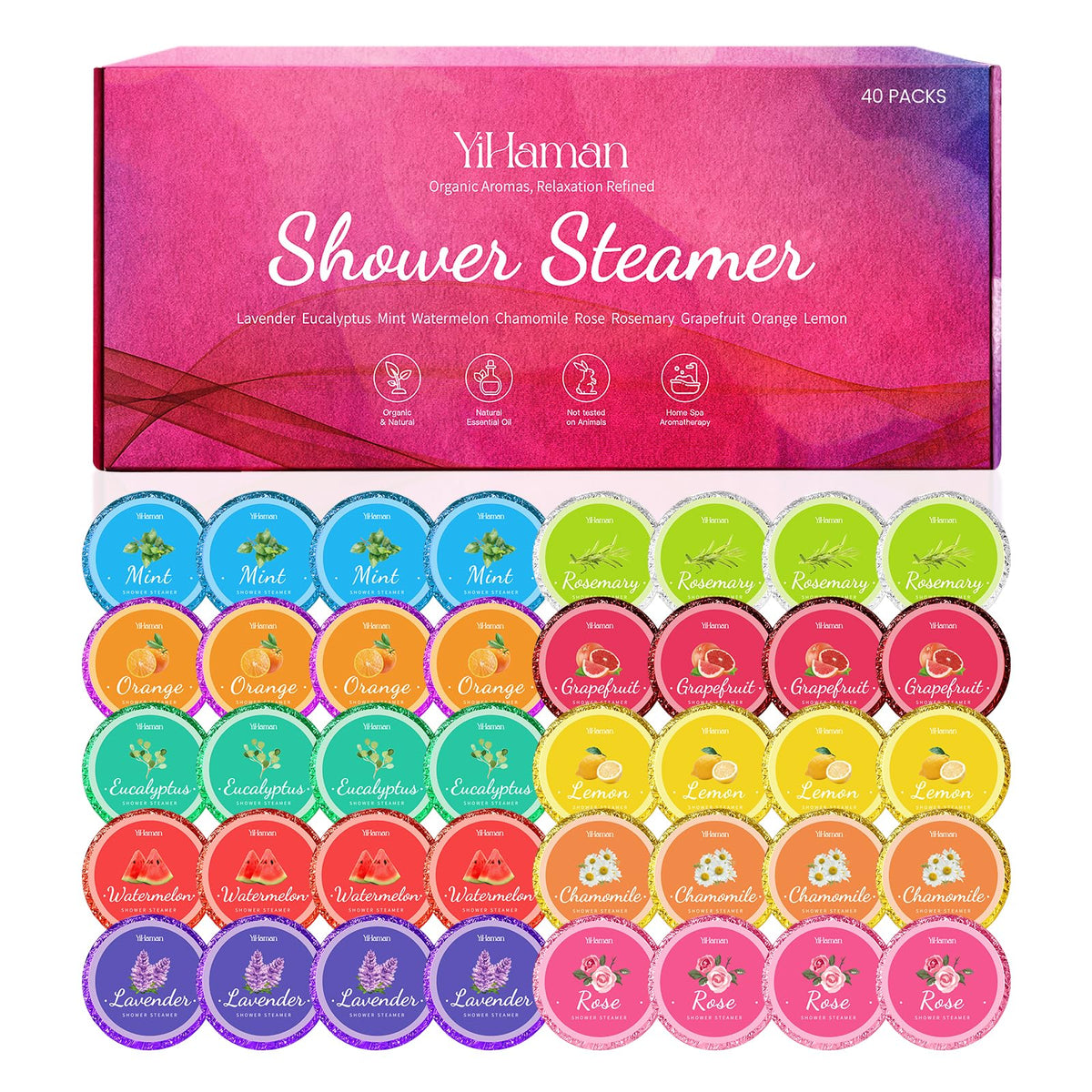 YiHaman shower steamer 40-piece gift box wrapped for freshness.