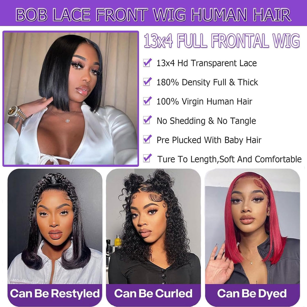 Yijimei bob wig density view showing 180% thick, full look.