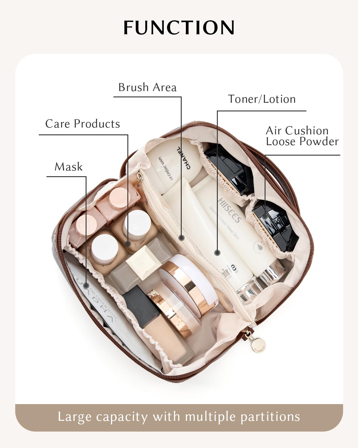 Yikisite makeup bag side view demonstrates compact portability.
