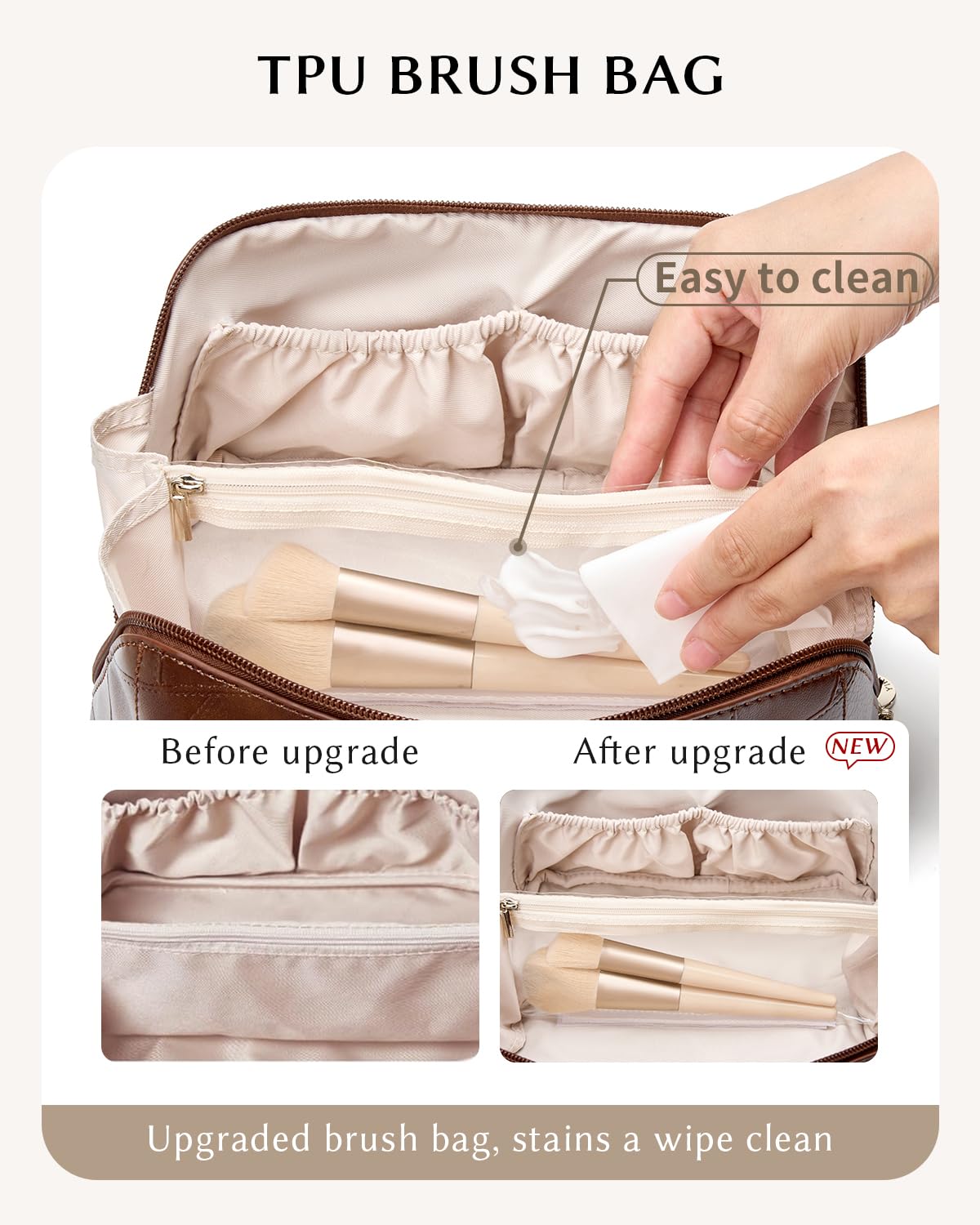 Yikisite makeup bag waterproof PU leather protects contents from splashes.