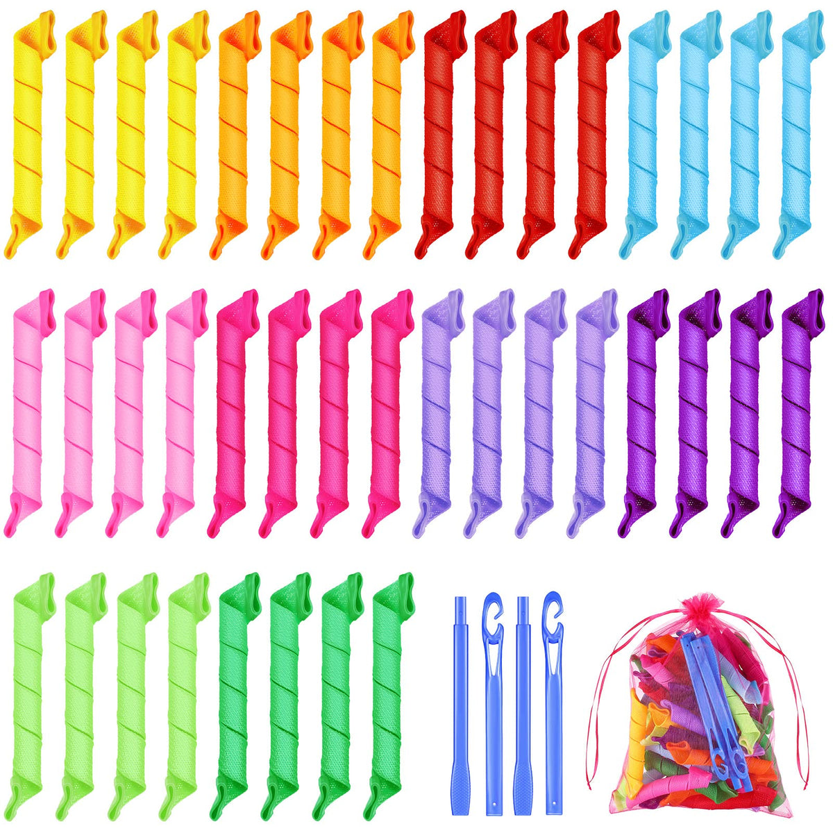 Yilloog 40-piece spiral curlers kit for versatile, heatless styling on various hair lengths.