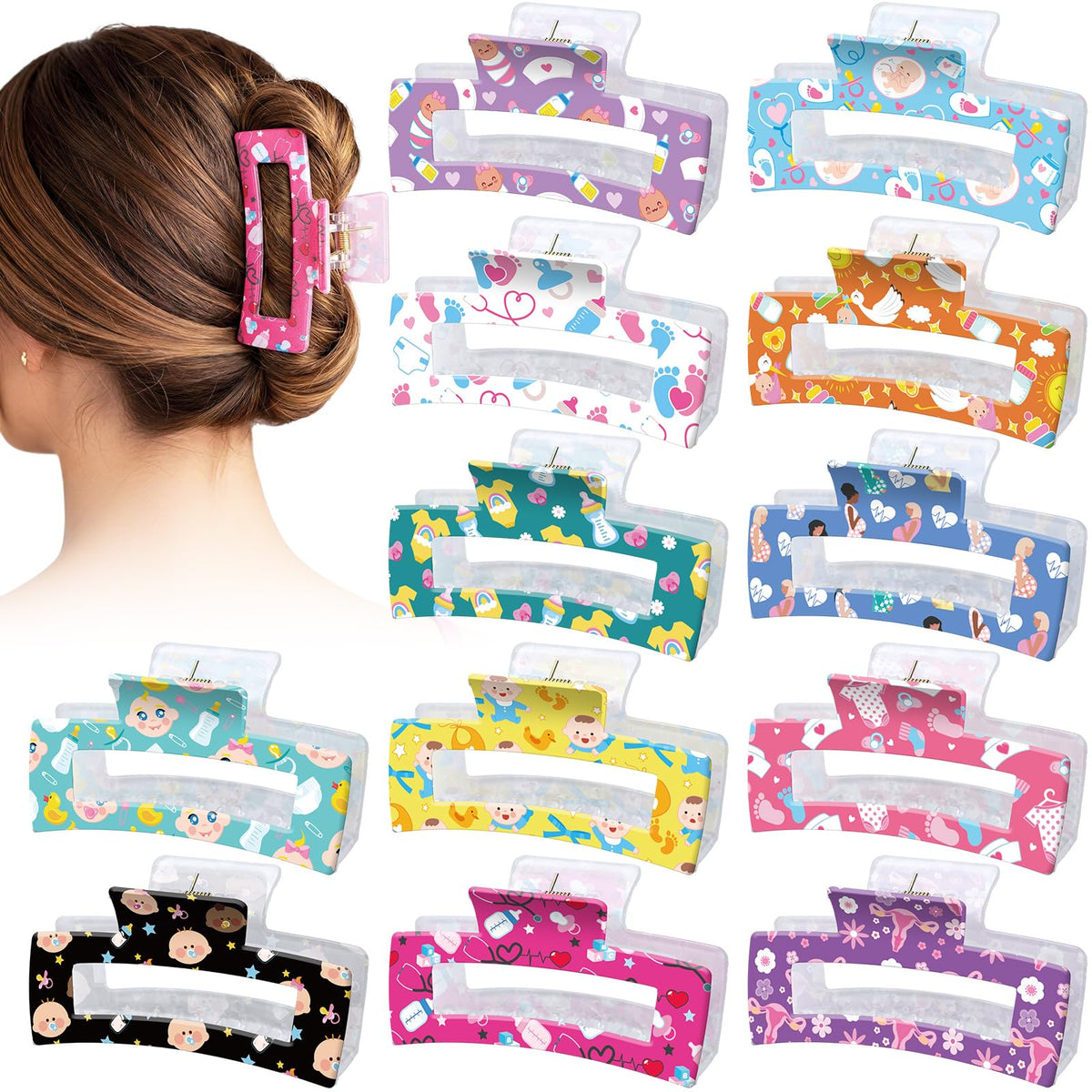 Yinder labor and delivery nurse clips in 12-pack with colorful designs for secure daily styling