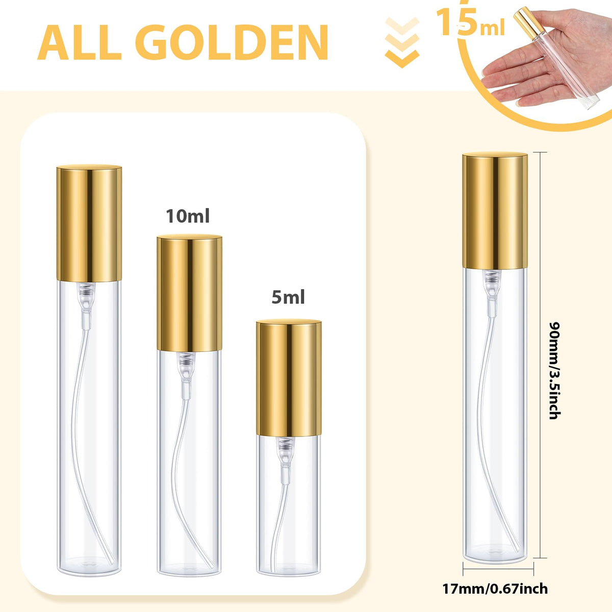 Yinder slim 15ml travel bottle in gold, pocket-friendly