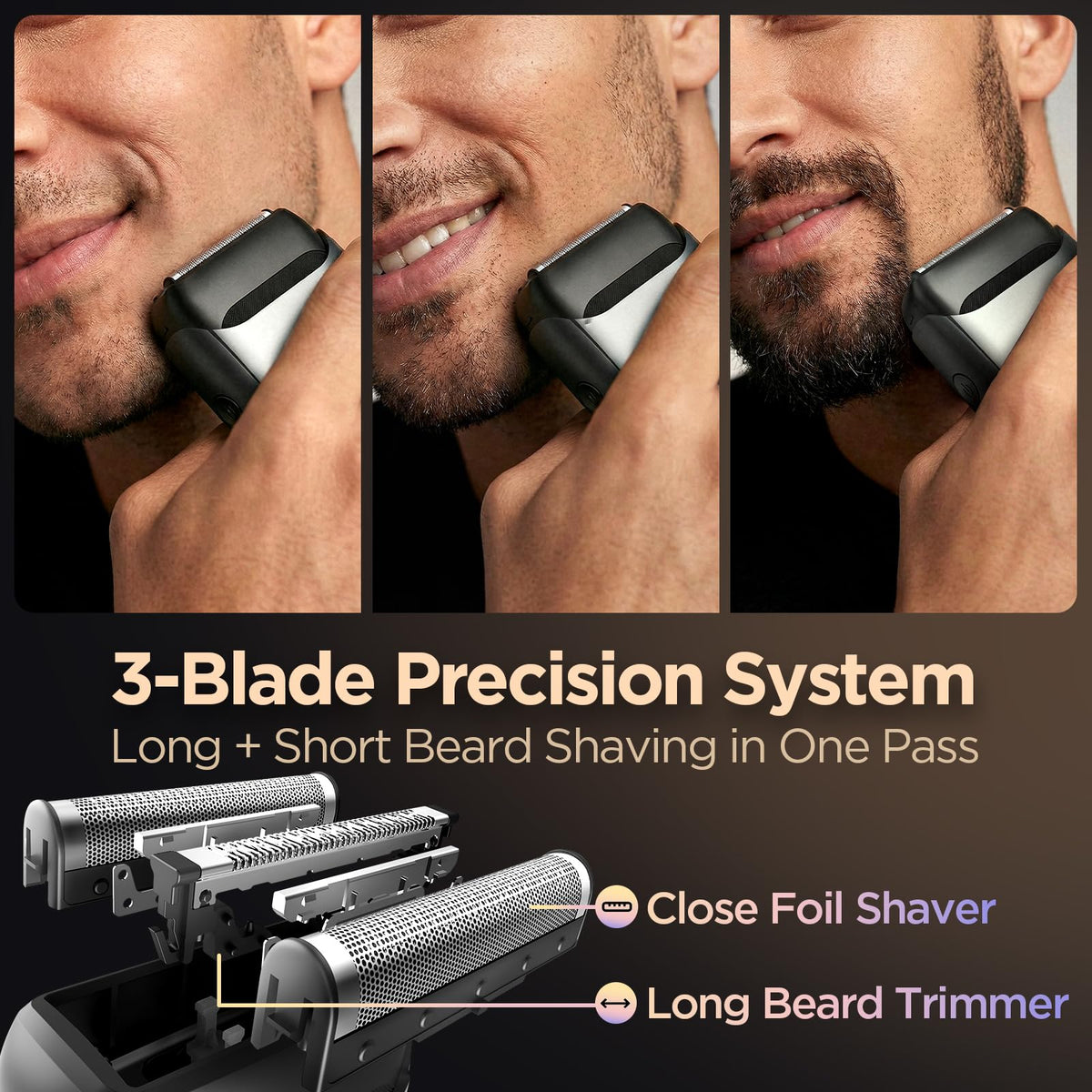 Yineel VT100 close-up on 3D floating blades for precise shaving.