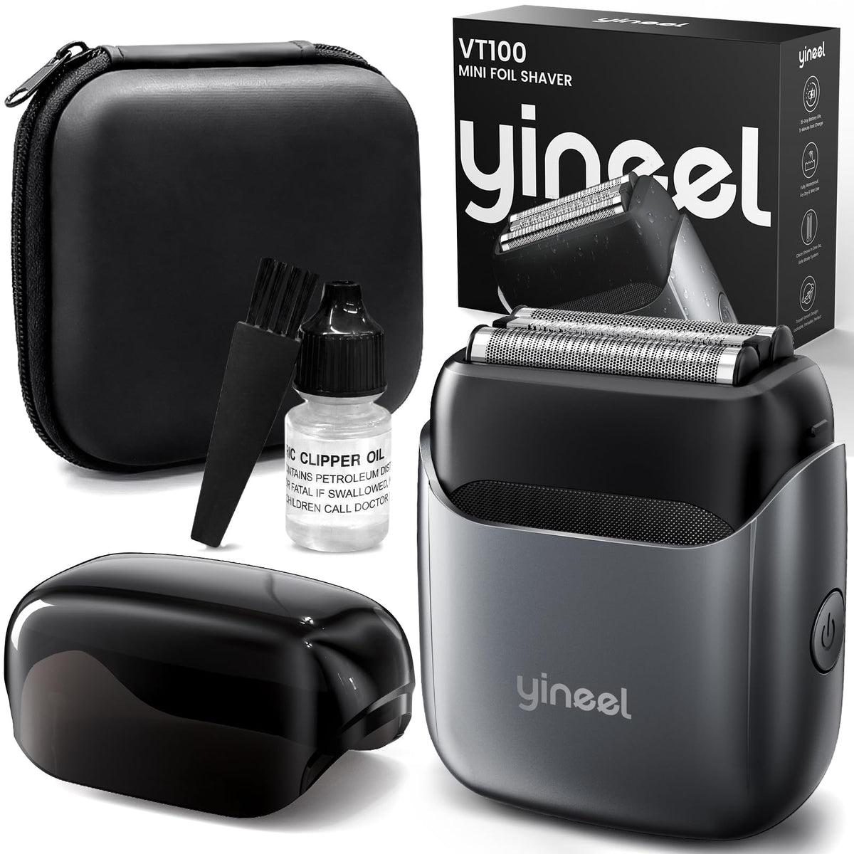 Yineel VT100 shaver top view highlighting compact travel-ready design.