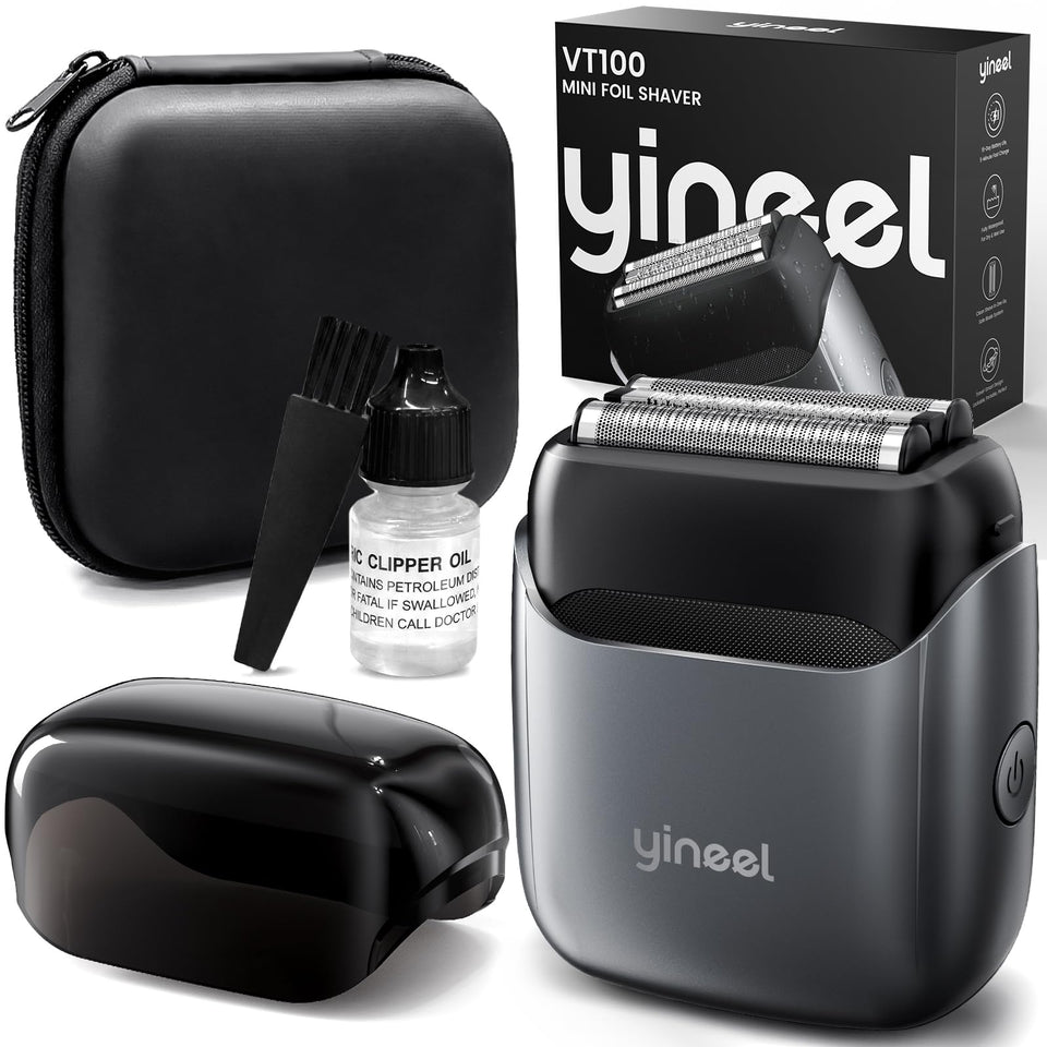 Yineel VT100 shaver top view highlighting compact travel-ready design.