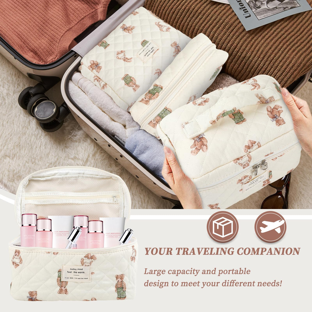 YINGJEE cosmetic bag for travel setup, easy to pack and reach items.