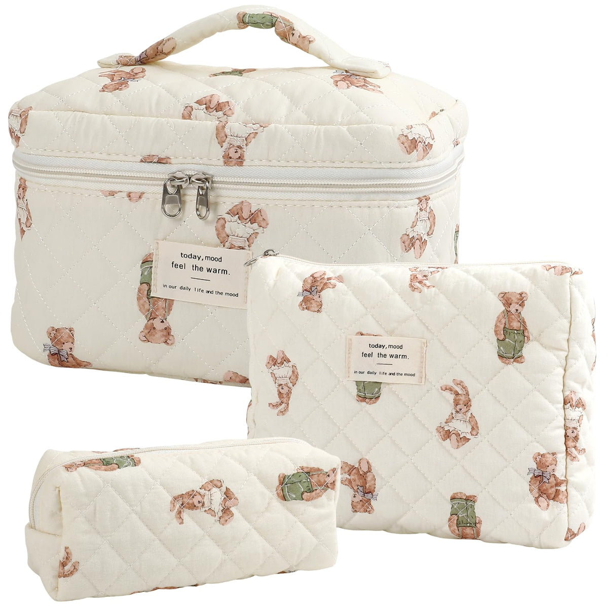 YINGJEE large quilted makeup bag beige bears pattern, ideal for travel cosmetics storage.
