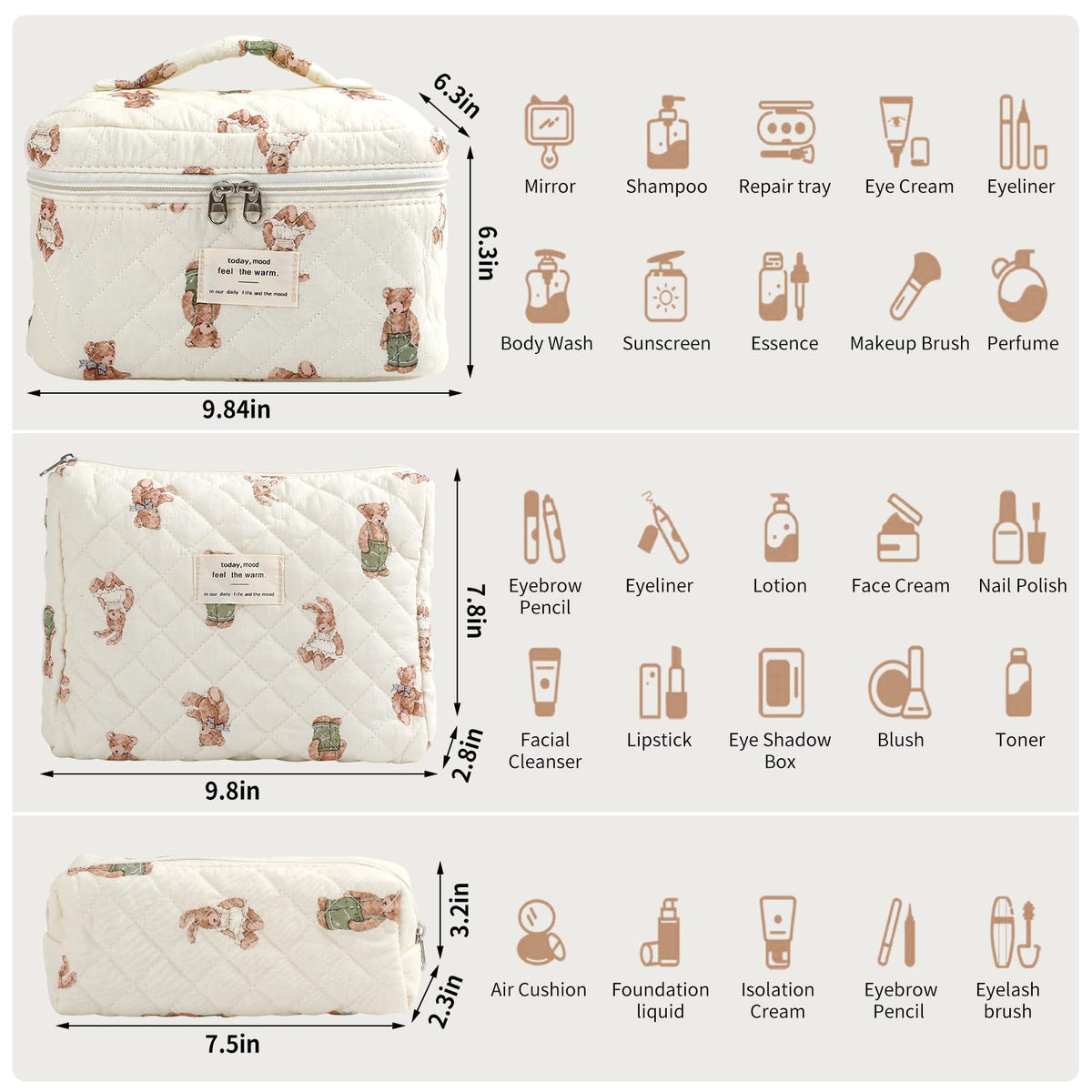 YINGJEE medium quilted makeup bag floral pattern, keeps daily essentials neatly grouped.