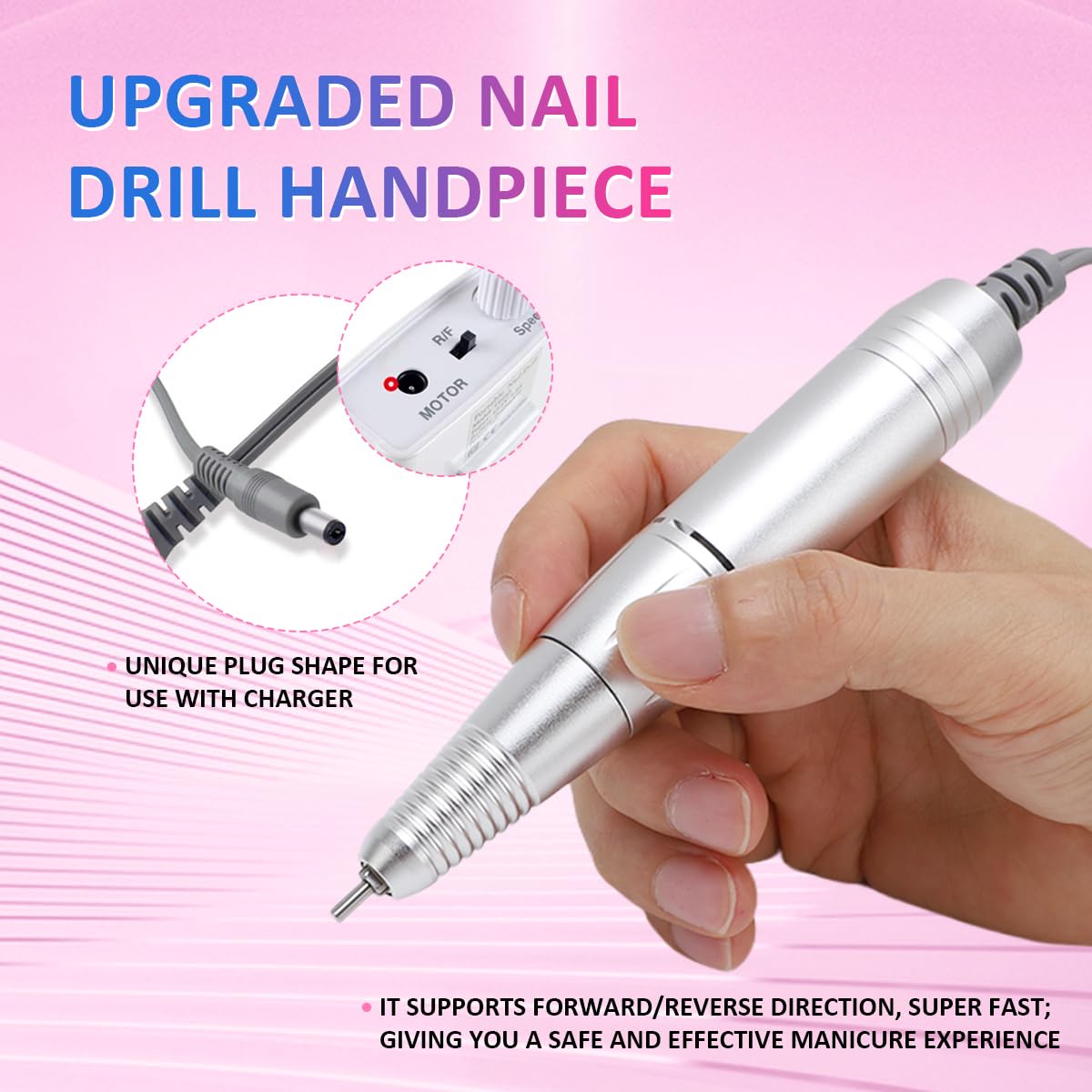 Yinhing nail drill handpiece side view highlights portable, lightweight construction for home use.