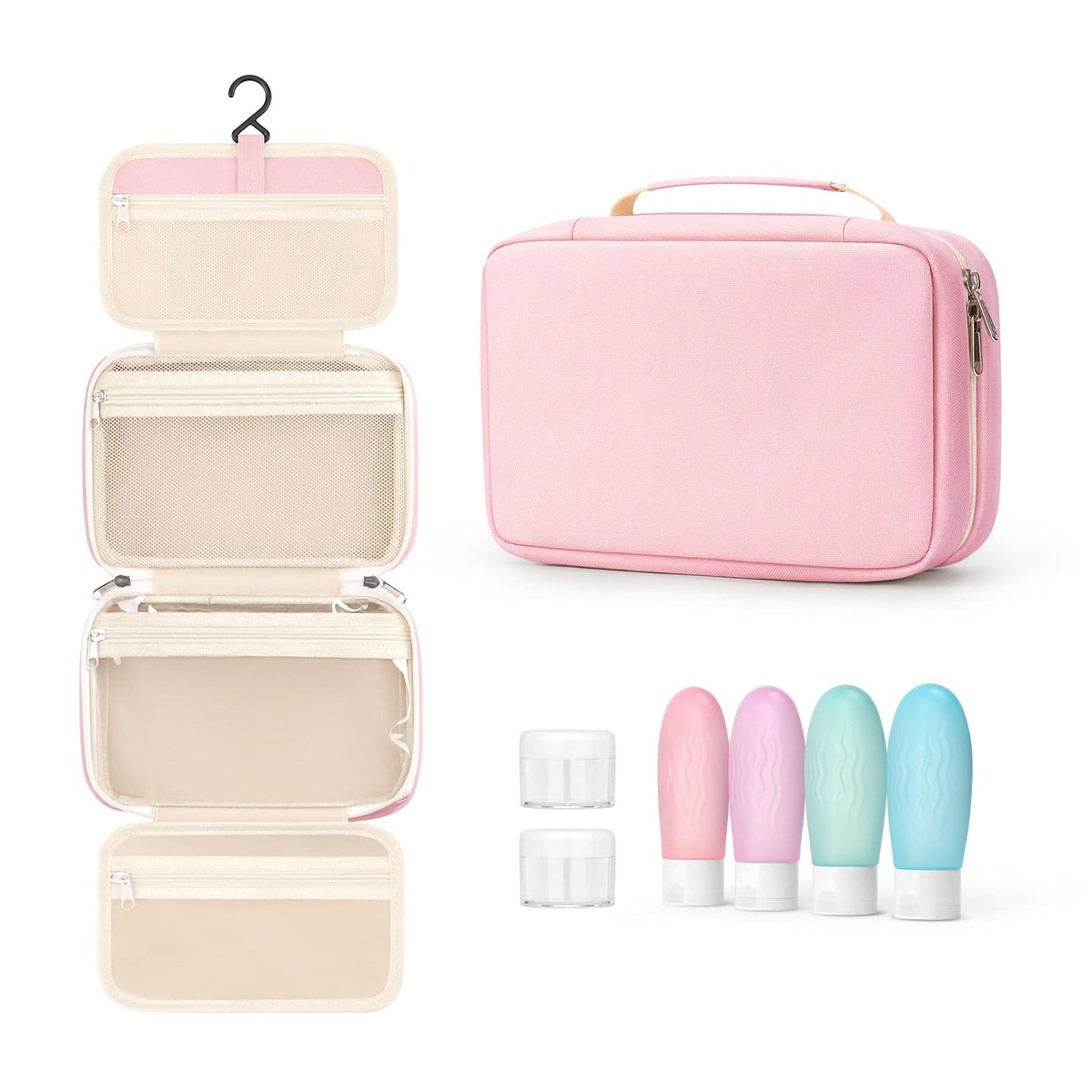 YINKECASE pink front view of toiletry bag showing organized storage