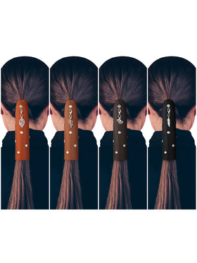 Yinkin leather hair wrap in black keeps ponytails neat during windy motorcycle rides