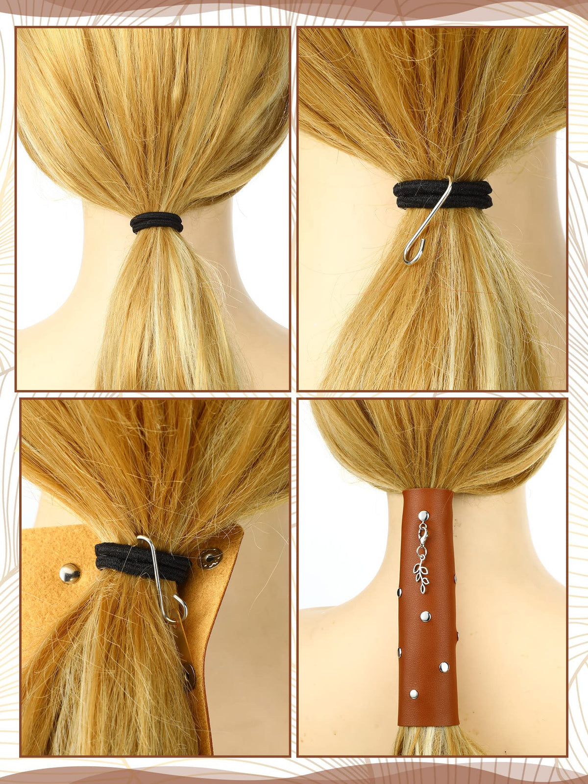 Yinkin leather hair wrap in brown provides flexible, reusable ponytail support