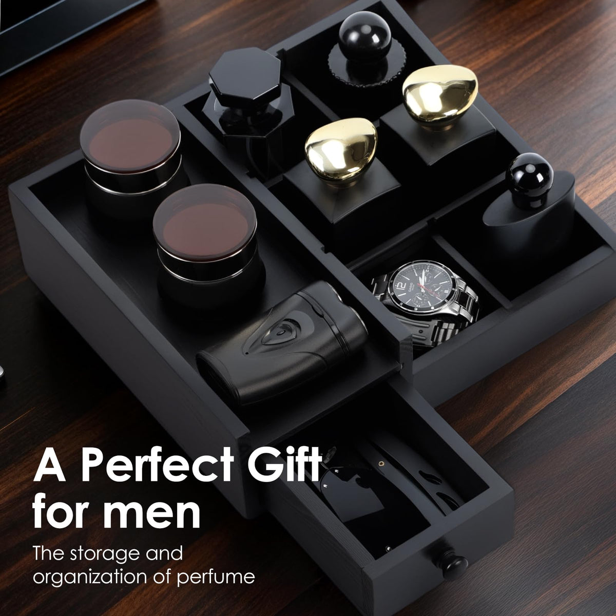 YIOJOYD six-compartment layout organizes perfumes, skincare, and grooming tools