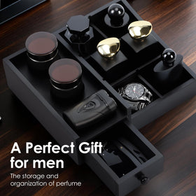 YIOJOYD six-compartment layout organizes perfumes, skincare, and grooming tools