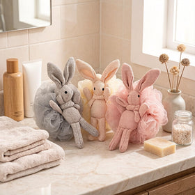 Yisella bath time scene with kids using loofahs.