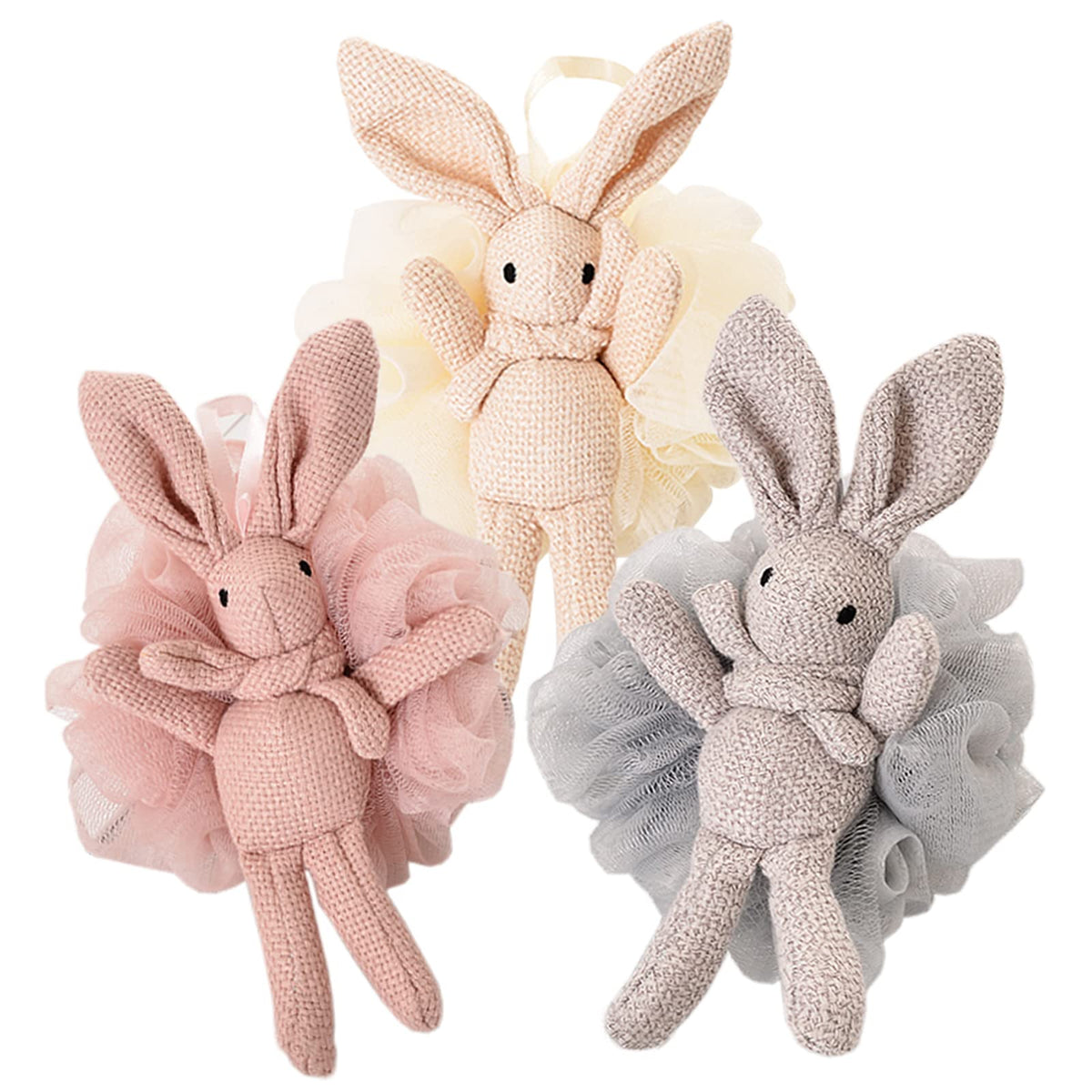 Yisella Kids rabbit pink loofah front view for gentle baths.