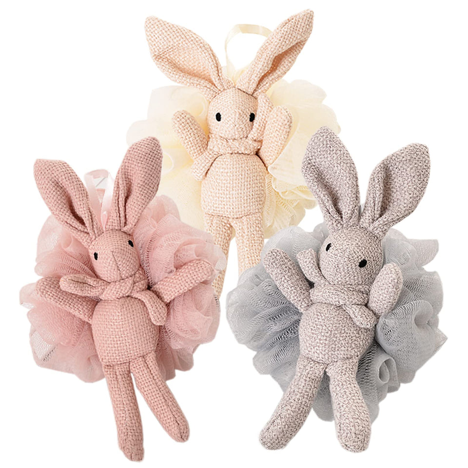 Yisella Kids rabbit pink loofah front view for gentle baths.