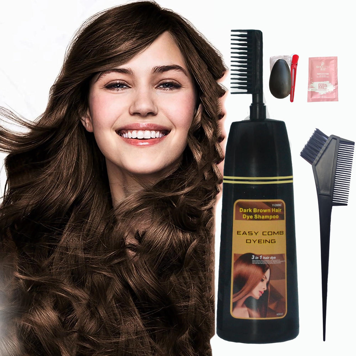 YIZHONG dark brown hair dye bottle highlighting 2-in-1 color and conditioning.