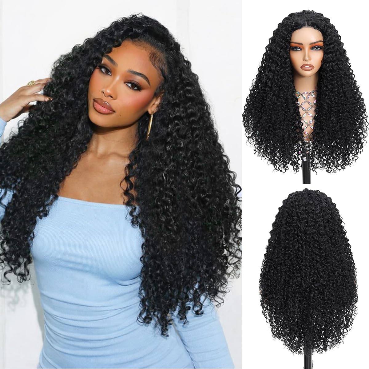 YKHJH Curly Wig 28-inch long black curls for bold daily looks.