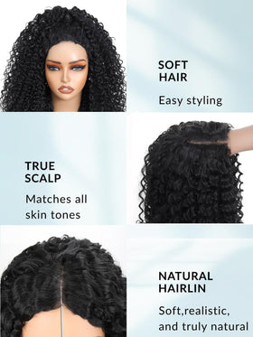 YKHJH Curly Wig natural hairline close-up with realistic scalp illusion.