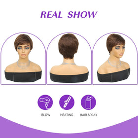 YKHJH Pixie Cut Wig bangs closeup reveals soft virgin hair texture.