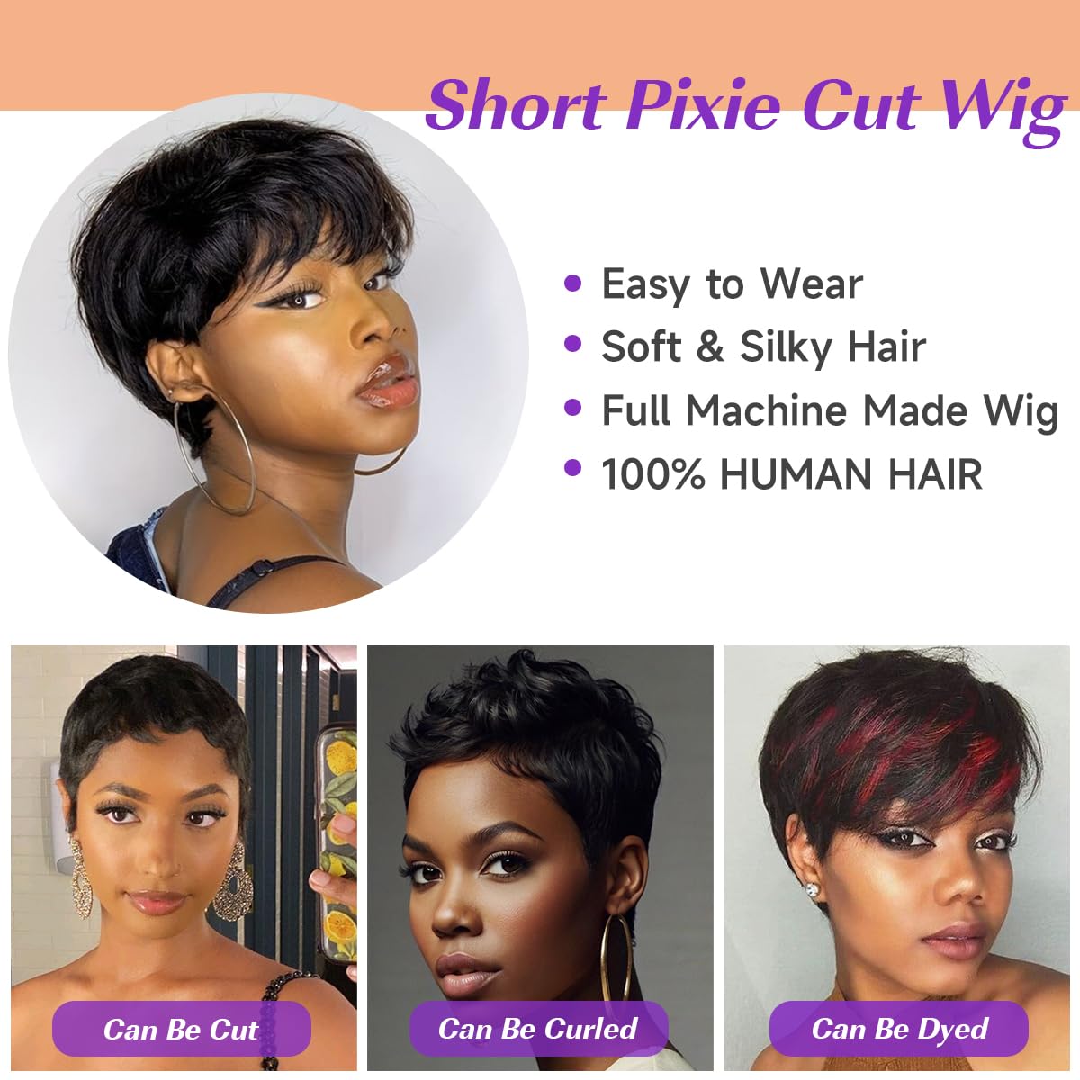YKHJH Pixie Cut Wig closeup emphasizes rich brown color and shine.