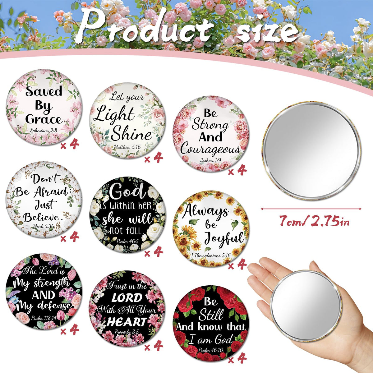 YLOLUL compact mirror features back Bible verse for quick inspiration on the go.