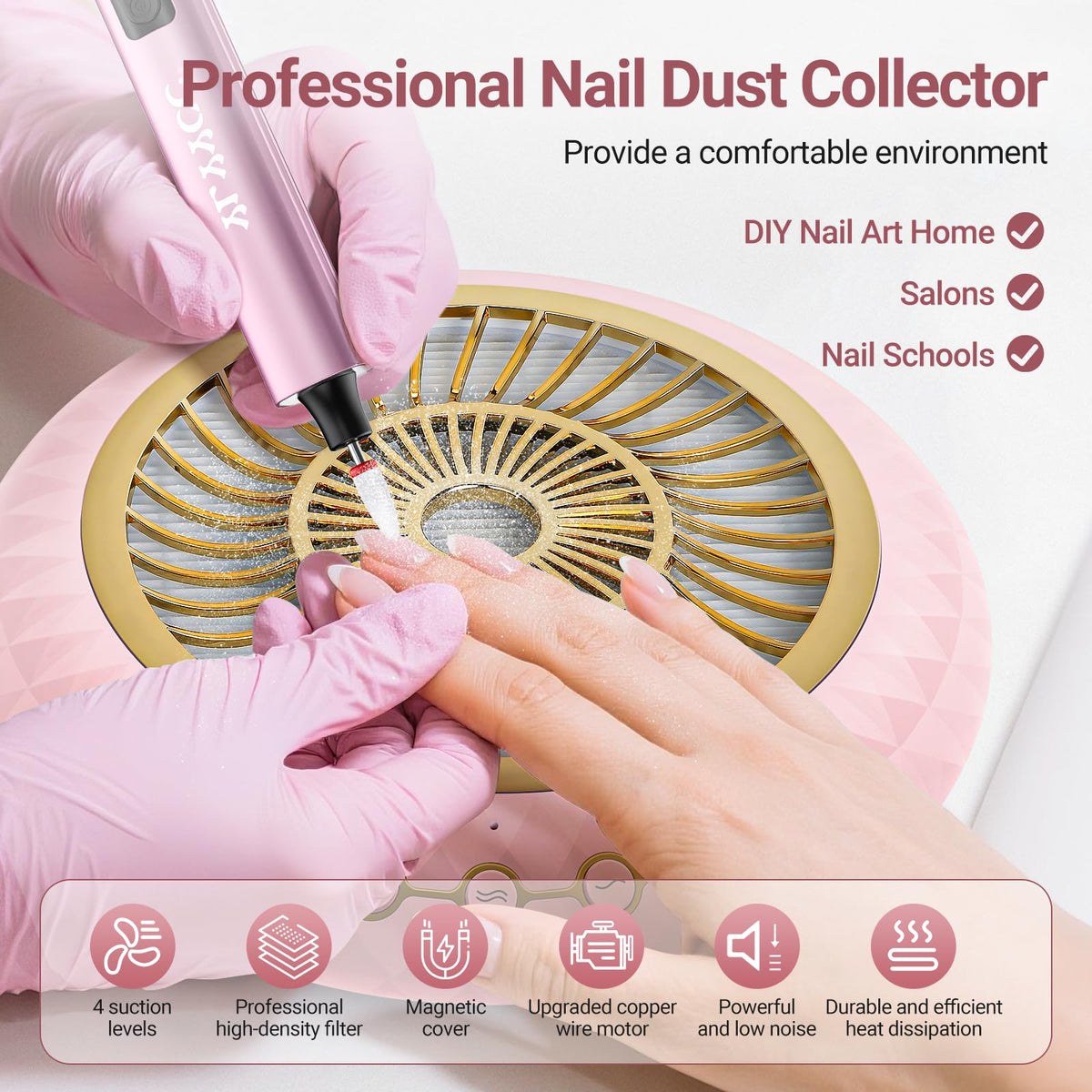 YLYYCC nail dust collector 5000rpm motor demonstrates strong suction during professional nail filing