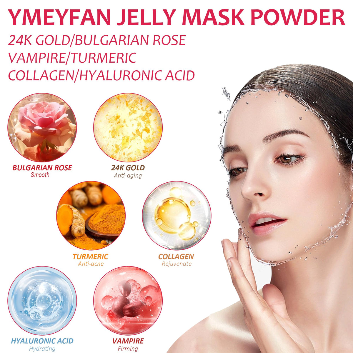 YMEYFAN jelly mask varieties featuring rose, gold, and hyaluronic actives for different needs