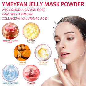 YMEYFAN jelly mask varieties featuring rose, gold, and hyaluronic actives for different needs
