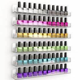 YMVV clear acrylic nail polish rack mounted on wall, 6-pack display