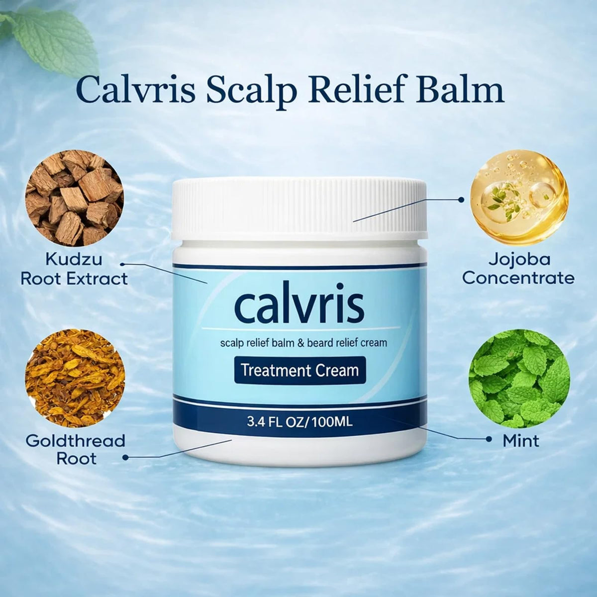 YOCMIPS Calvris Scalp Relief Balm jar close-up showing Kudzu Root and Jojoba concentrate