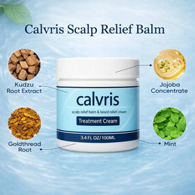 YOCMIPS Calvris Scalp Relief Balm jar close-up showing Kudzu Root and Jojoba concentrate