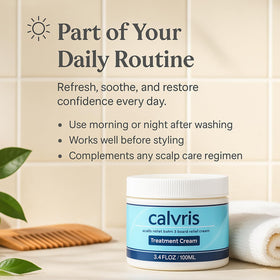 YOCMIPS Calvris Scalp Relief Balm packaging demonstrates compact 3.4 oz design
