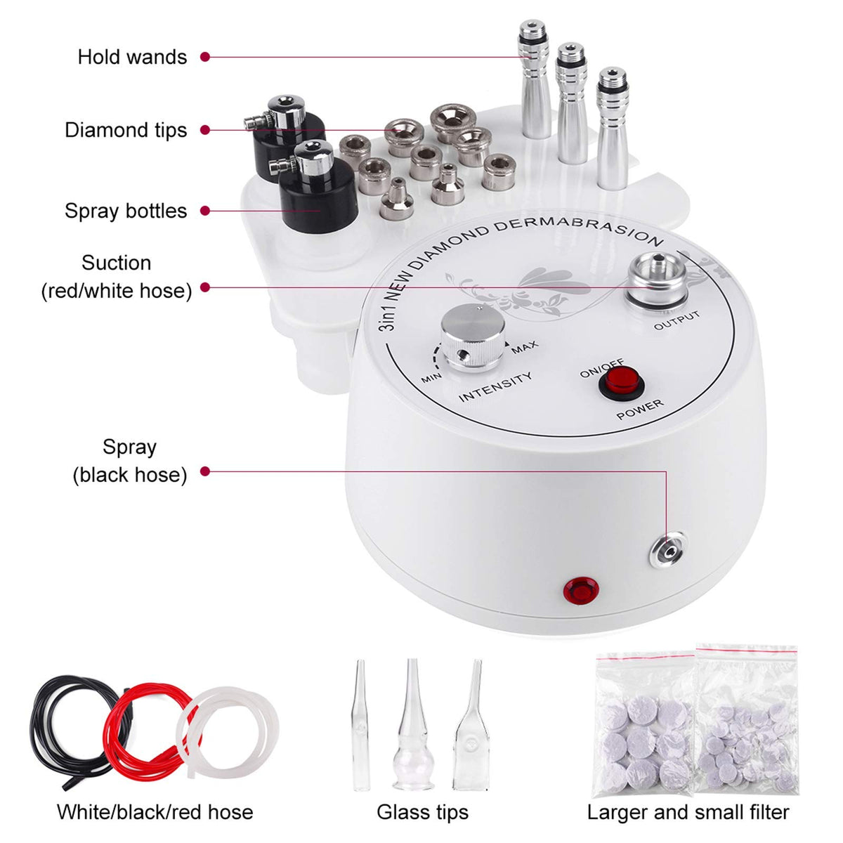 Yofuly 3-in-1 system showing microdermabrasion, suction, and spray in one unit