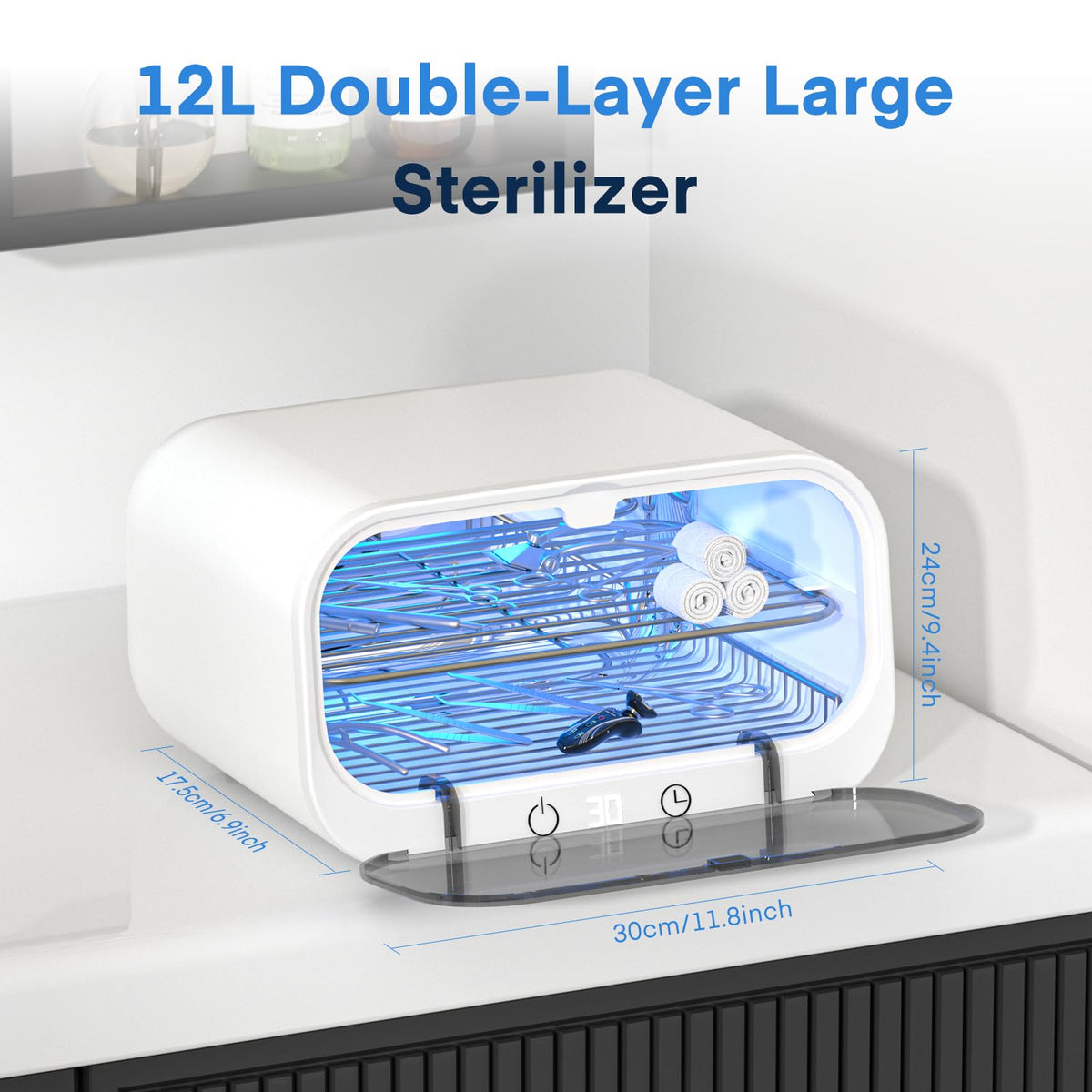 Yofuly 12L sterilizer side view illustrating compact footprint